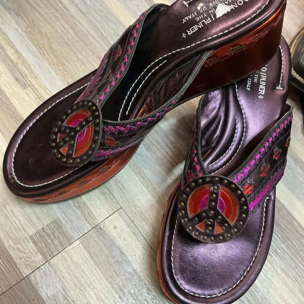 Donald J. Pliner Sidra Metallic Leather Peace Sign Wedge Sandals